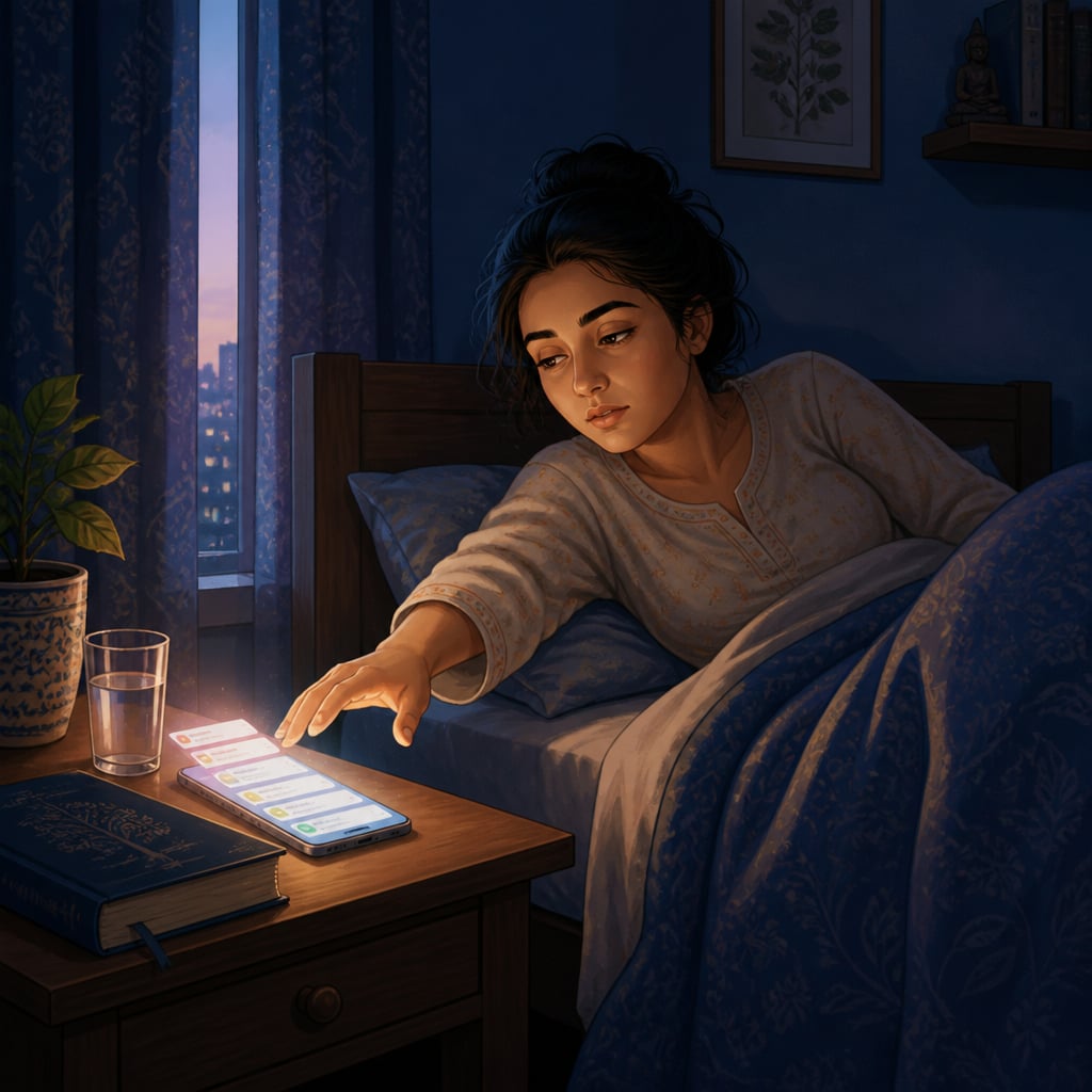 Young woman reaching for her glowing phone as she wakes up