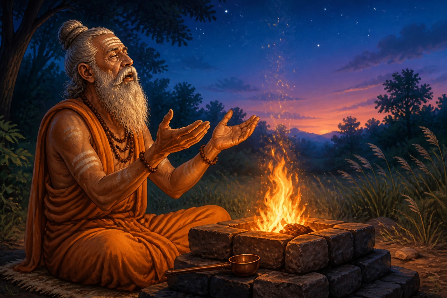 Vedic Rishi at fire altar at dusk