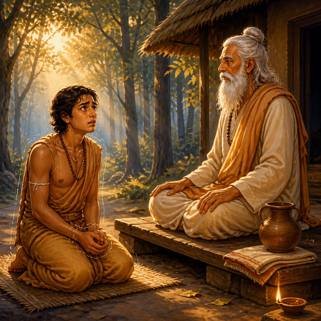 Trembling student before guru at dawn