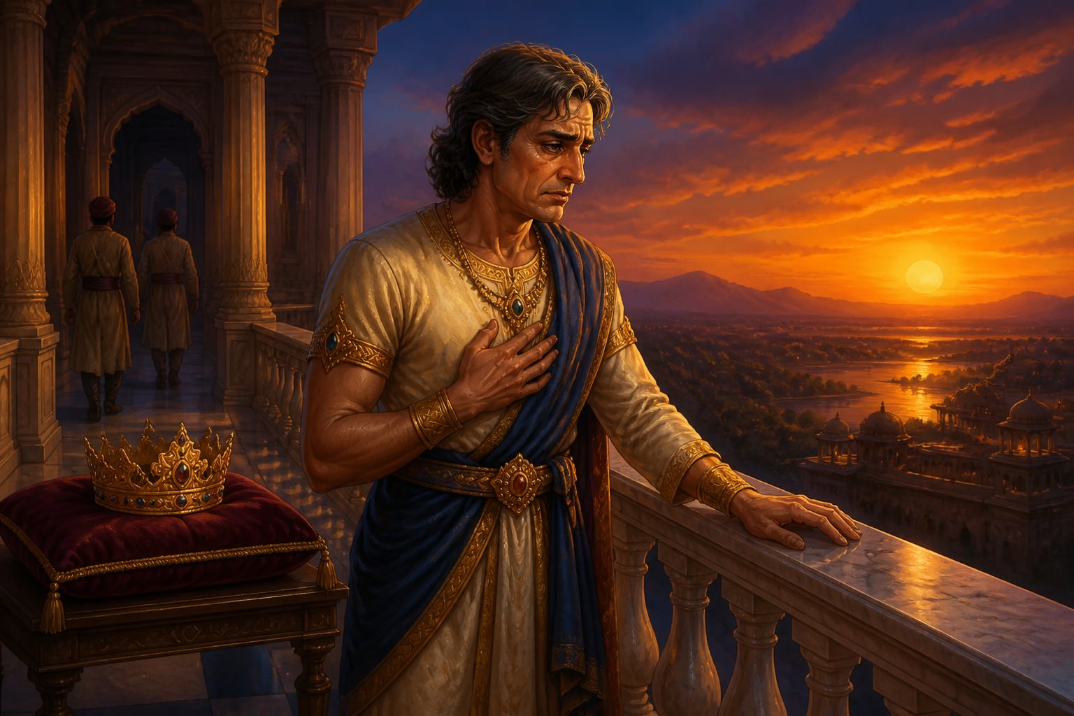 King Yayati on palace terrace at twilight