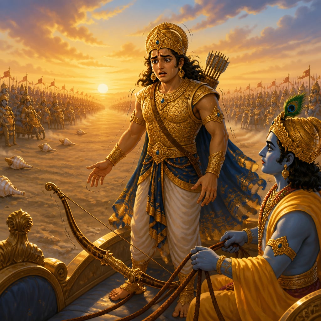 Arjuna frozen on Kurukshetra battlefield