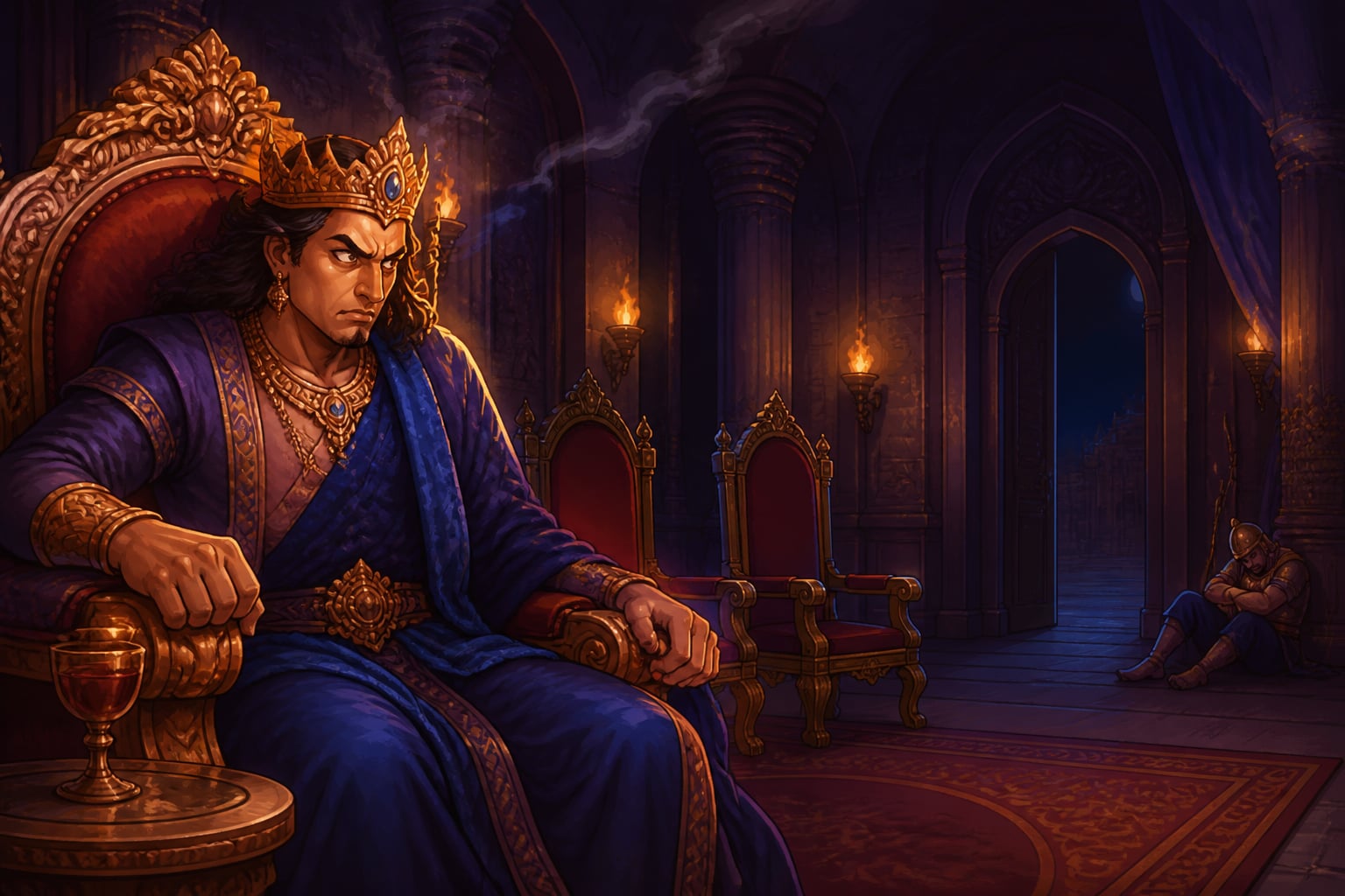 Duryodhana alone on throne at midnight