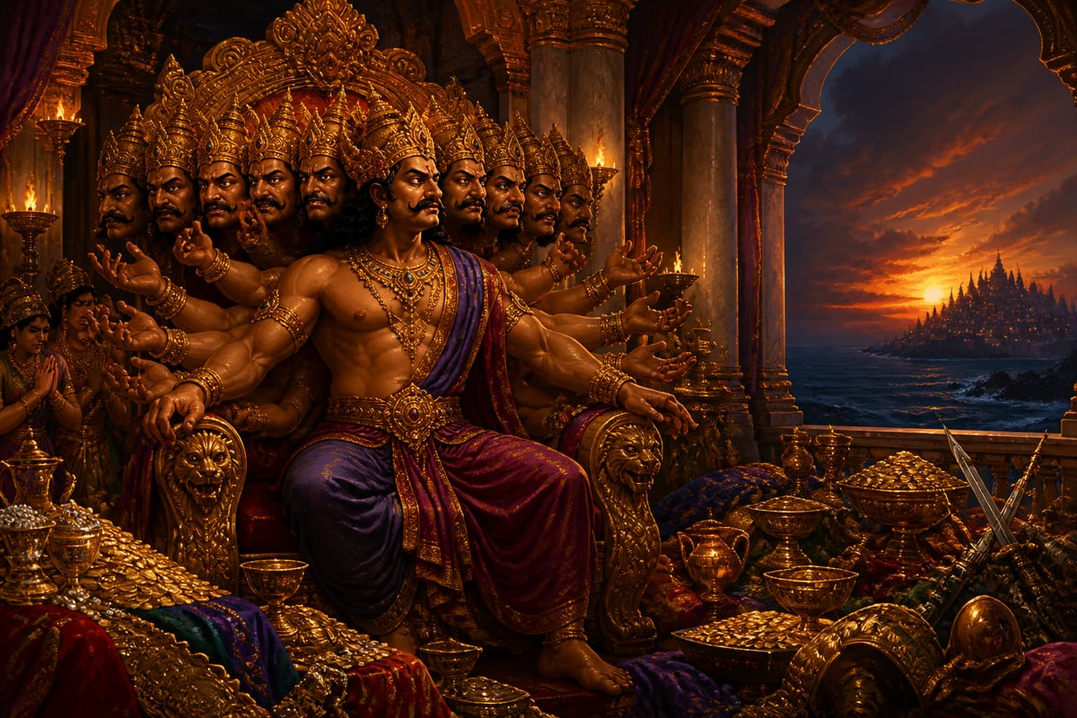 Ten-headed Ravana on golden Lanka throne