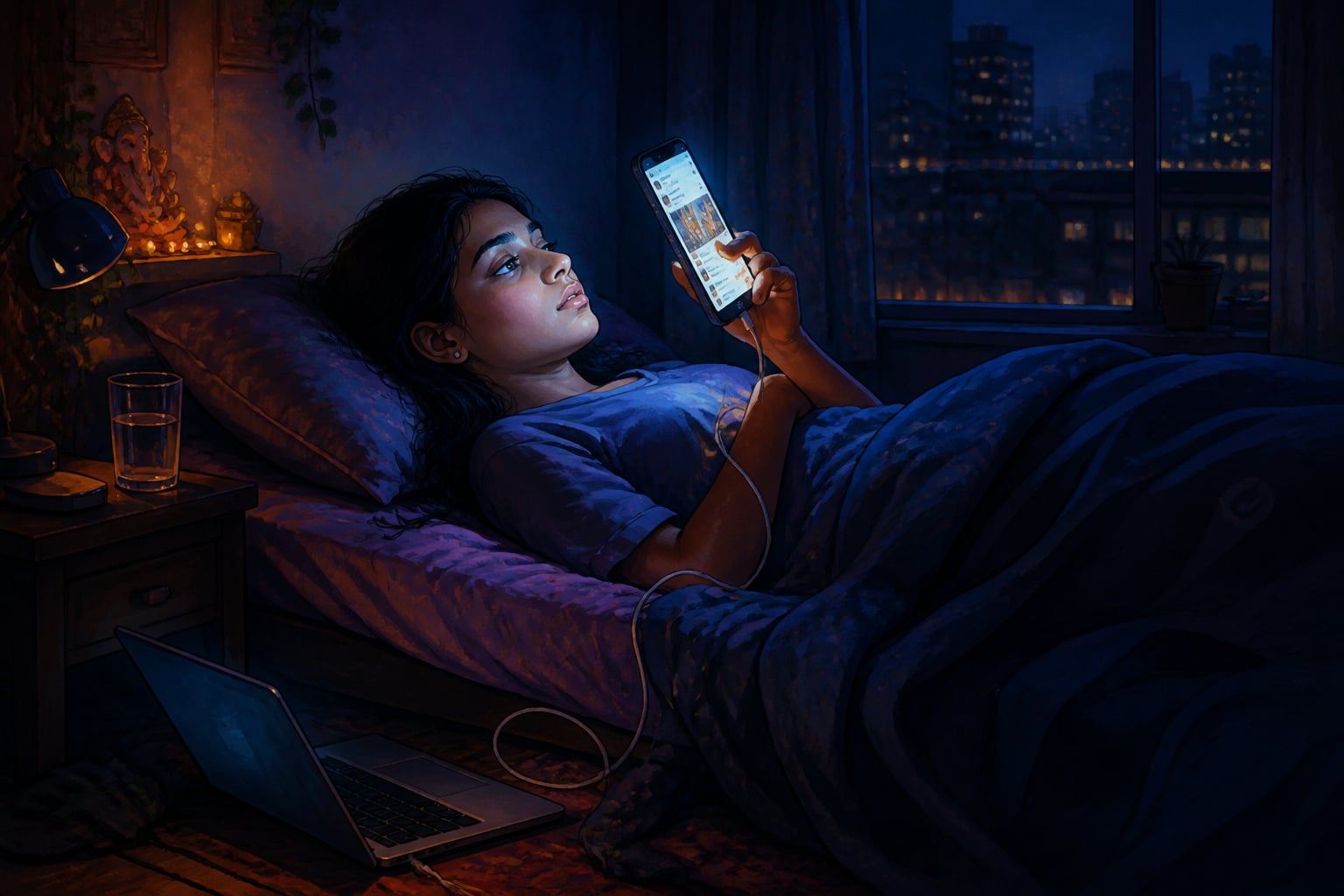 Woman scrolling phone in bed at 1 AM