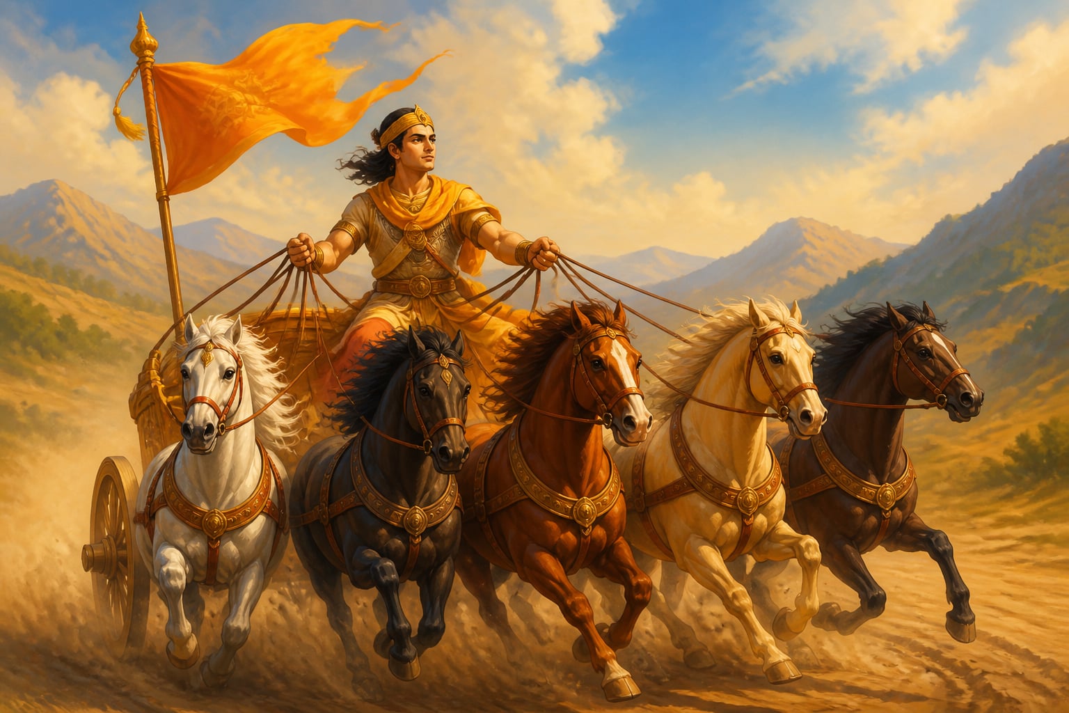 Charioteer with five horses on dusty plain