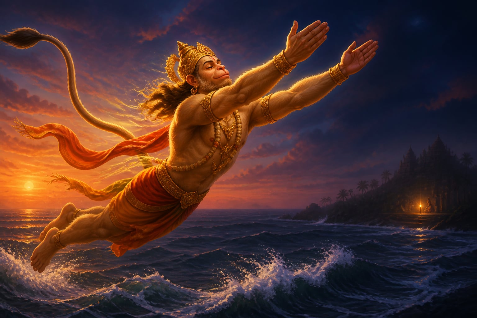 Hanuman leaping across the ocean at twilight