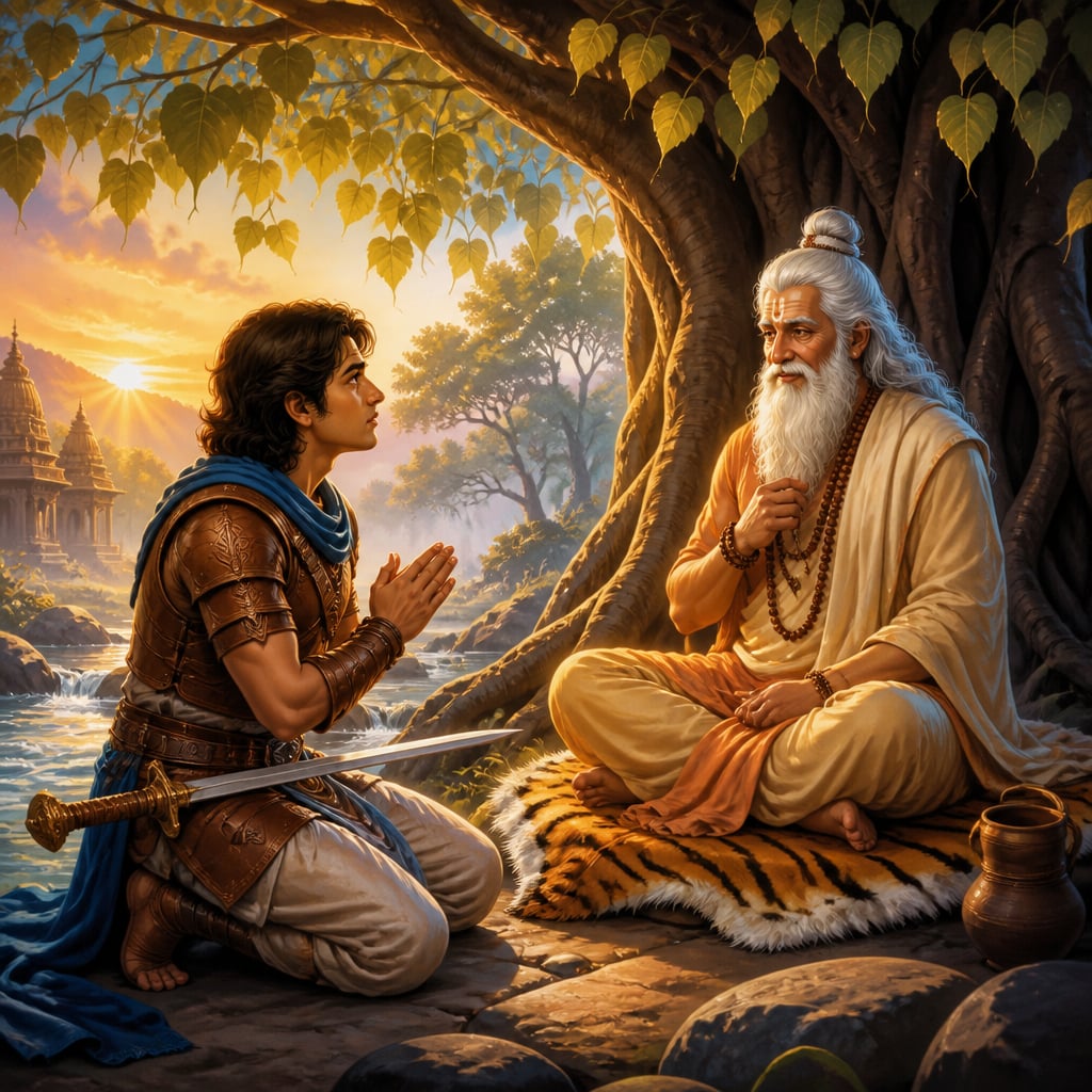 Young warrior kneeling before forest rishi