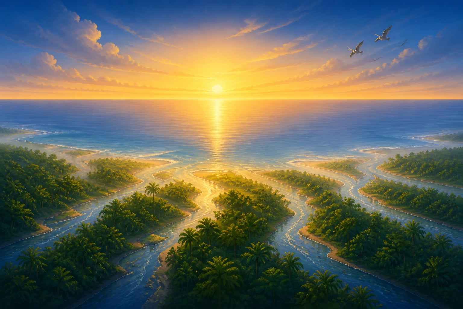 Rivers entering still ocean at dawn