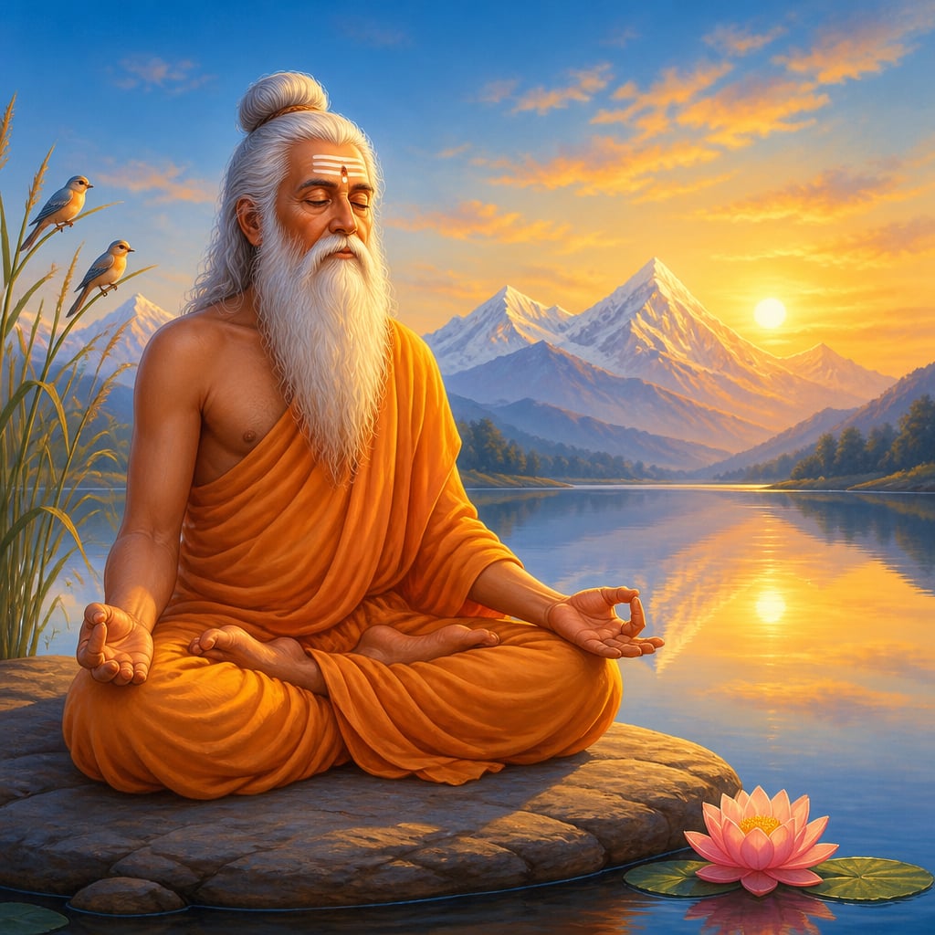 Sage seated by river at sunrise
