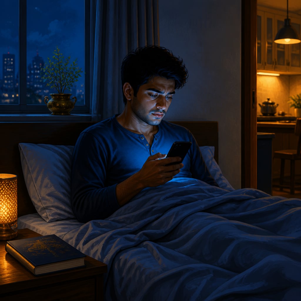 Professional scrolling LinkedIn late at night