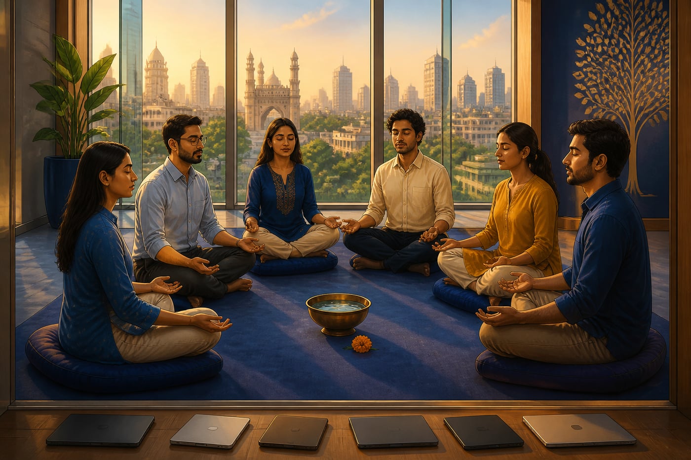 Office employees meditating at lunchtime