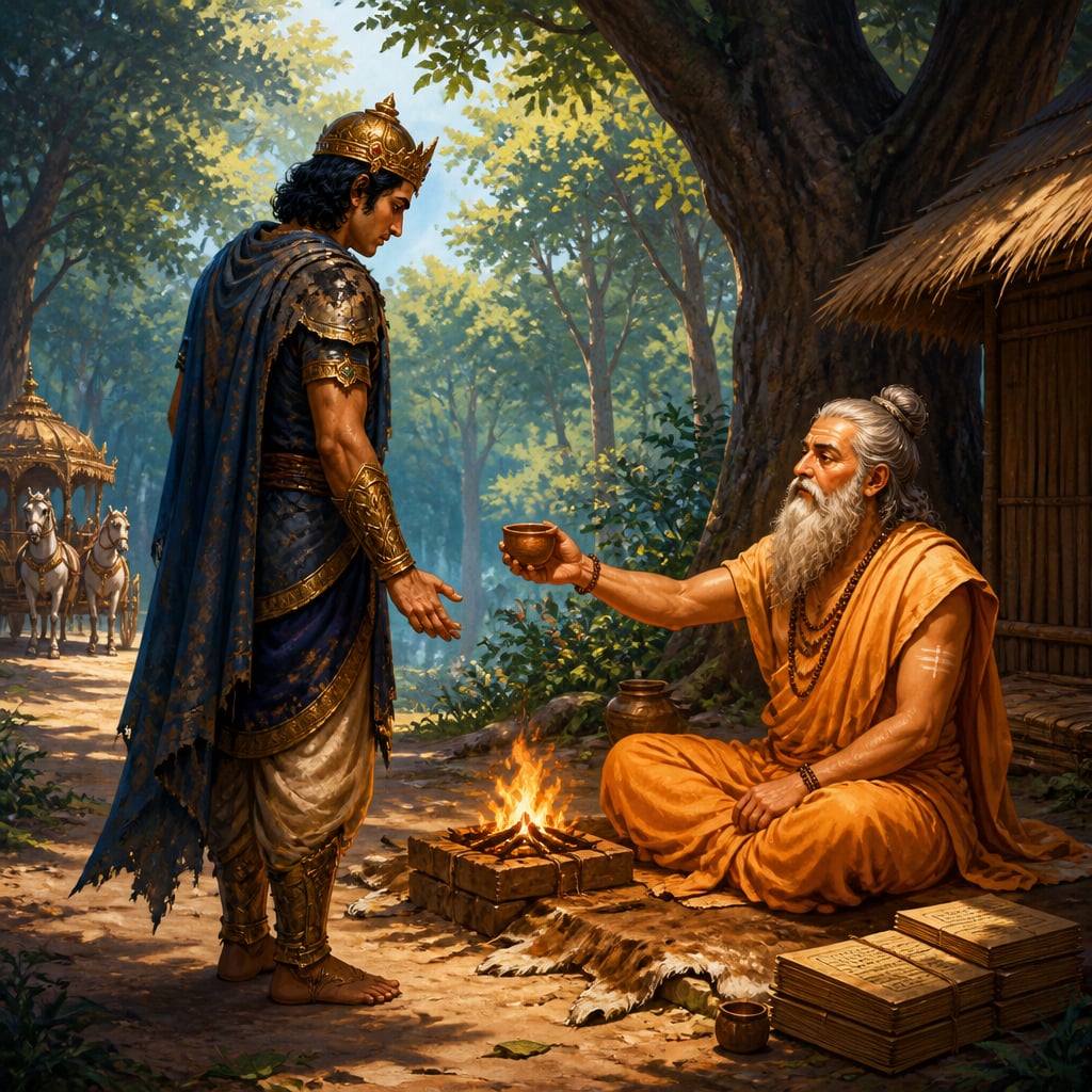 King Kaushika humbled at sage Vasishtha's ashram