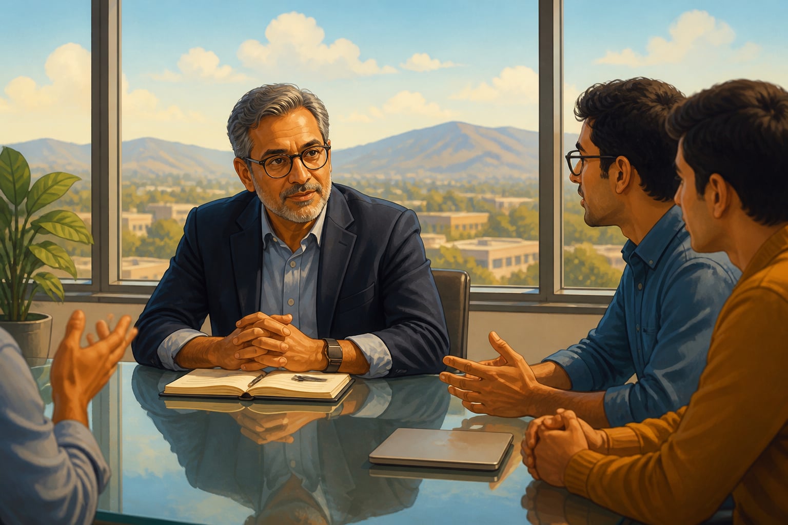 A tech executive listening in a Silicon Valley conference room