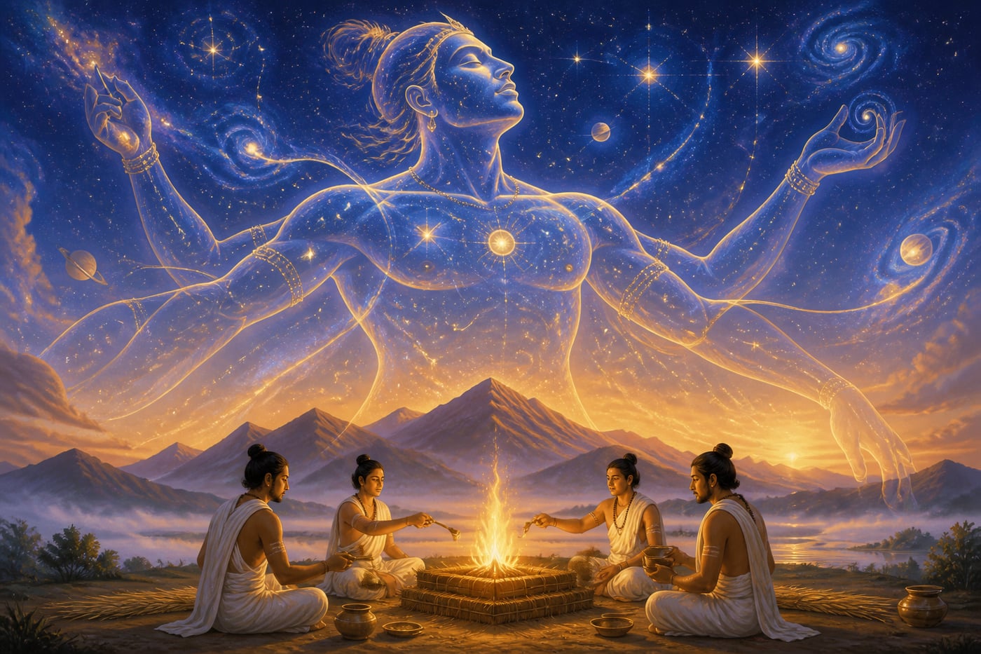 The primordial Purusha across the dawn sky