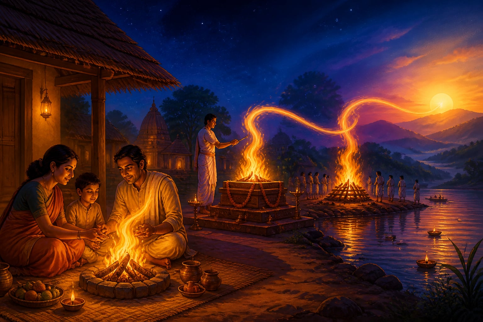 Agni manifesting as hearth altar pyre and sun