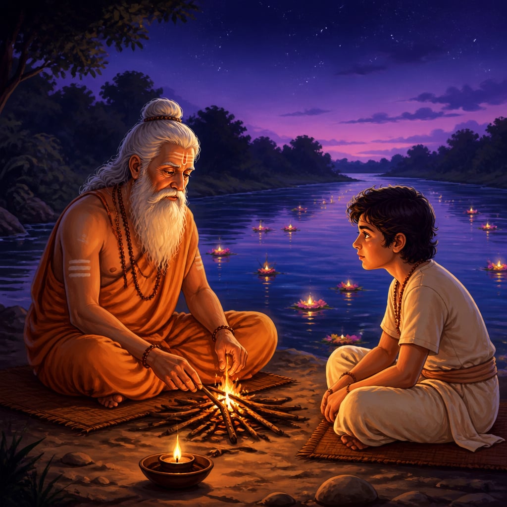 Old rishi and young student by the Saraswati at twilight