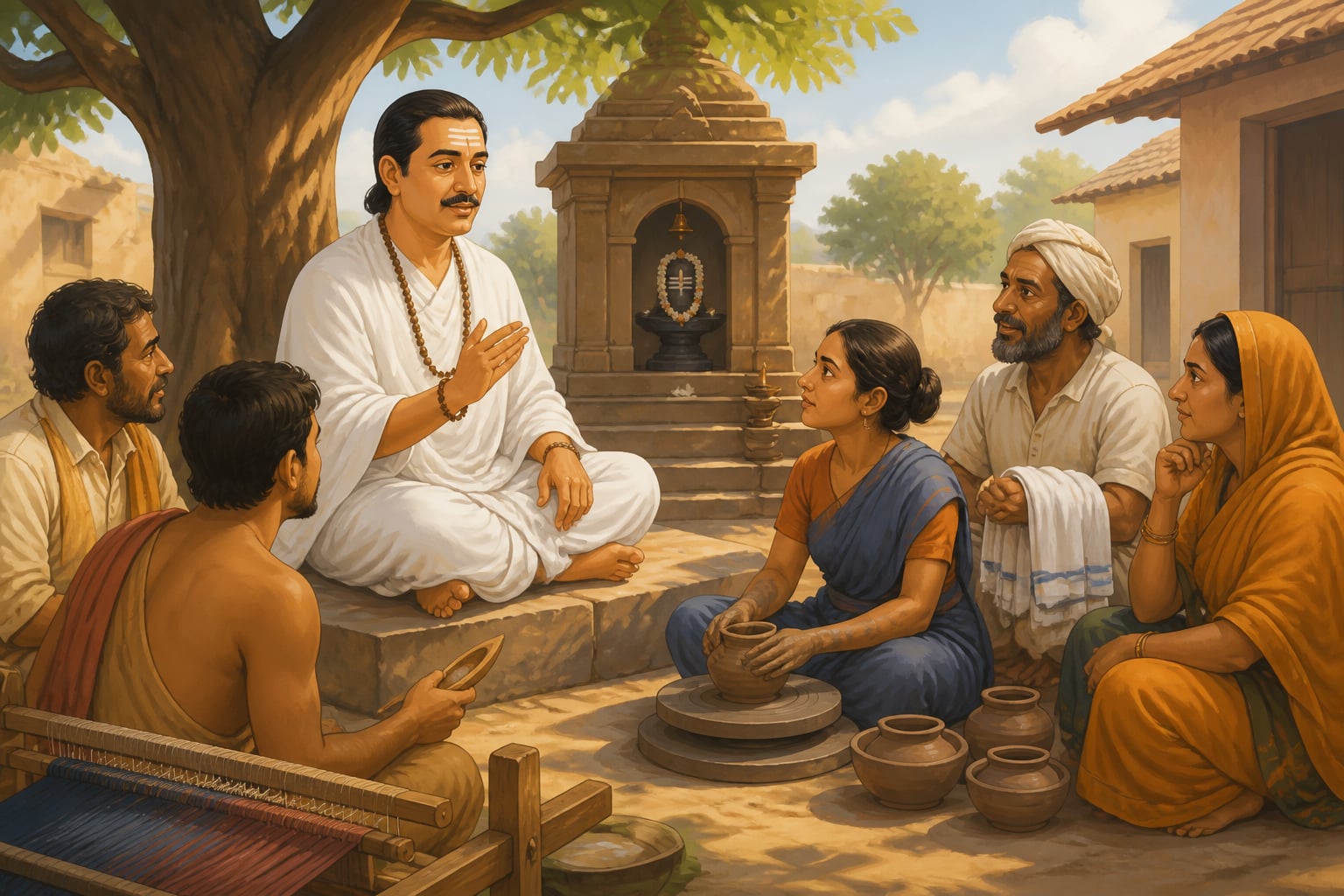 Basavanna teaching artisans about kayaka in a Karnataka courtyard
