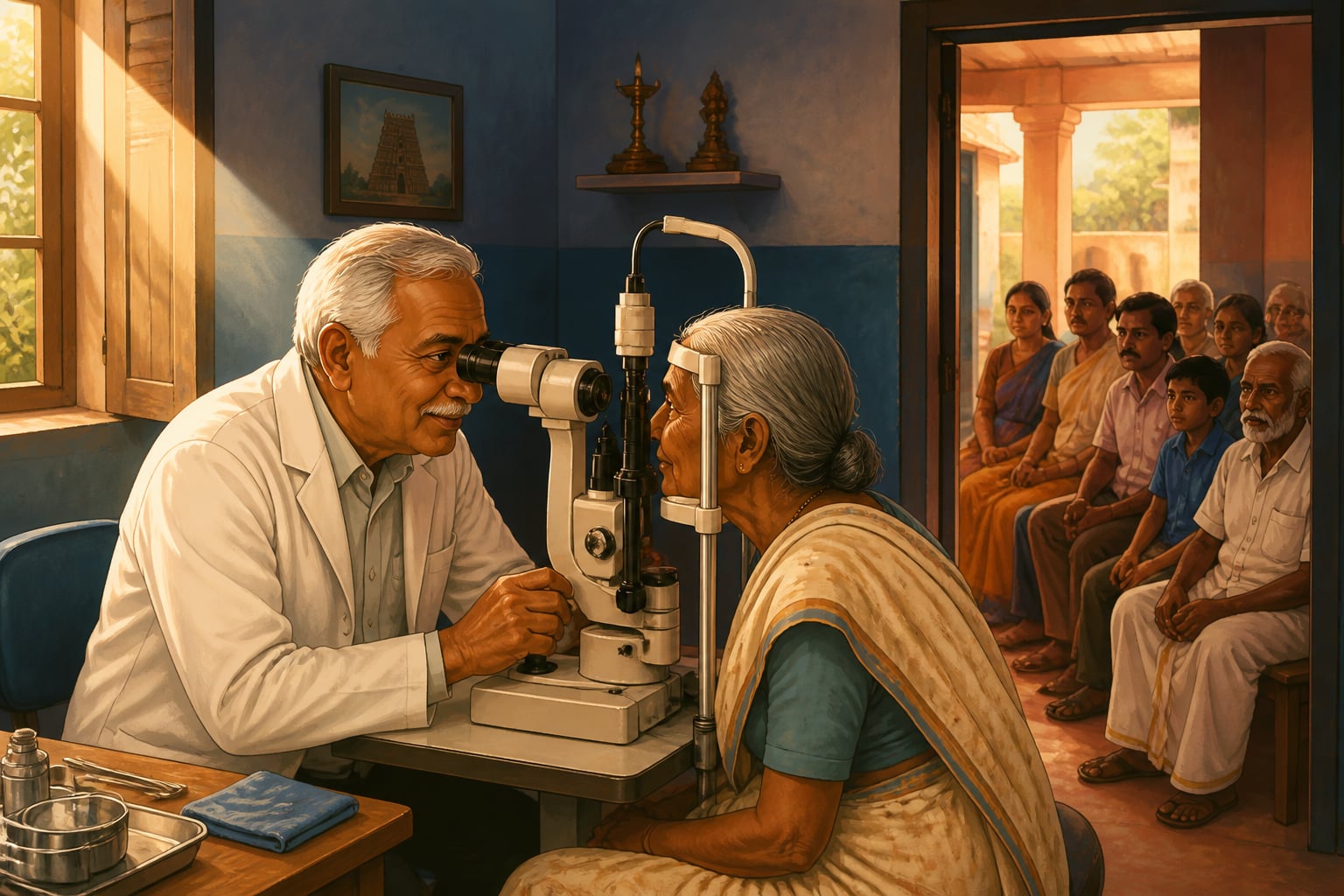 Dr V examining a patient at the Aravind eye clinic