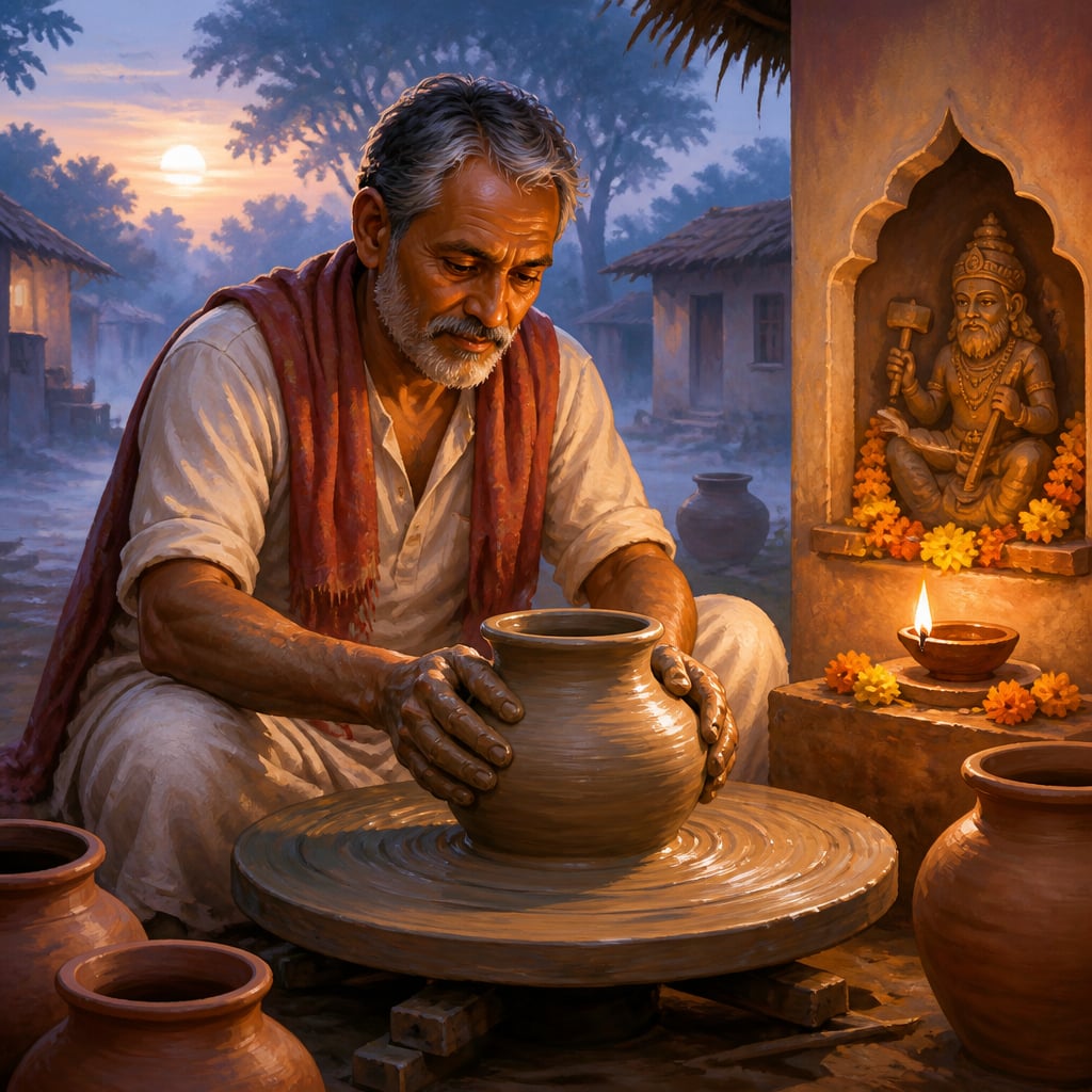 Village potter at his wheel praying to Vishwakarma at dawn