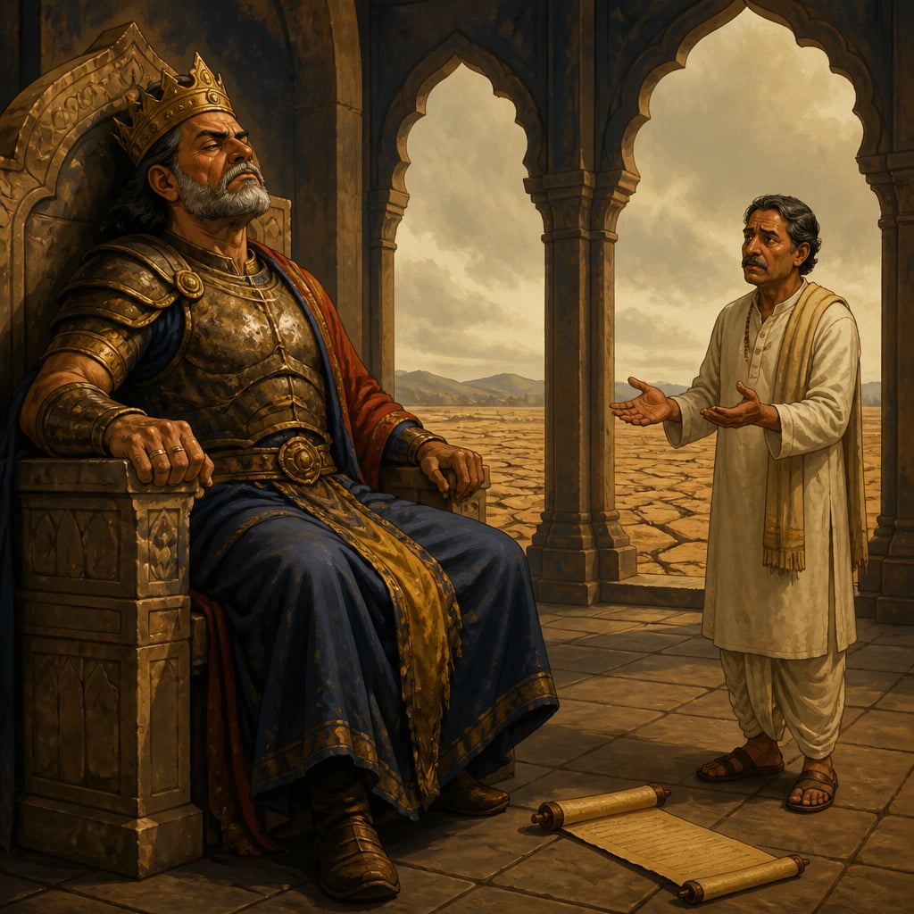 Aging king rigid on his stone throne during drought