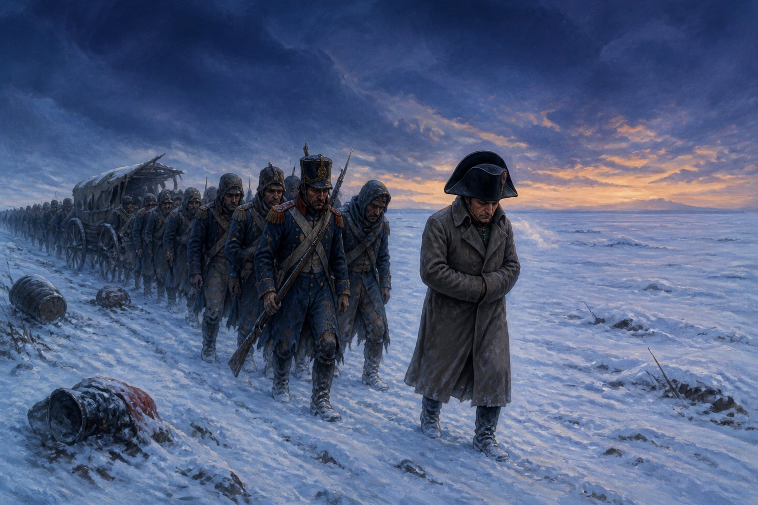 Napoleon's army trudging across the frozen Russian plain