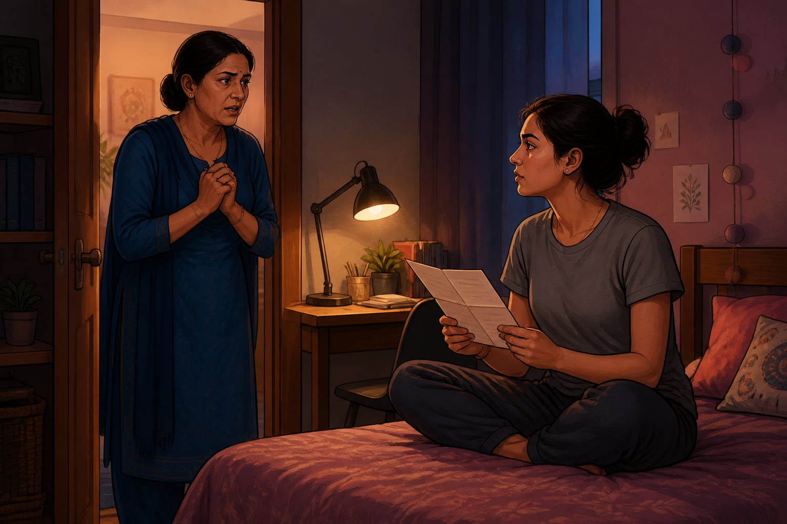 A mother and daughter at the threshold of her bedroom