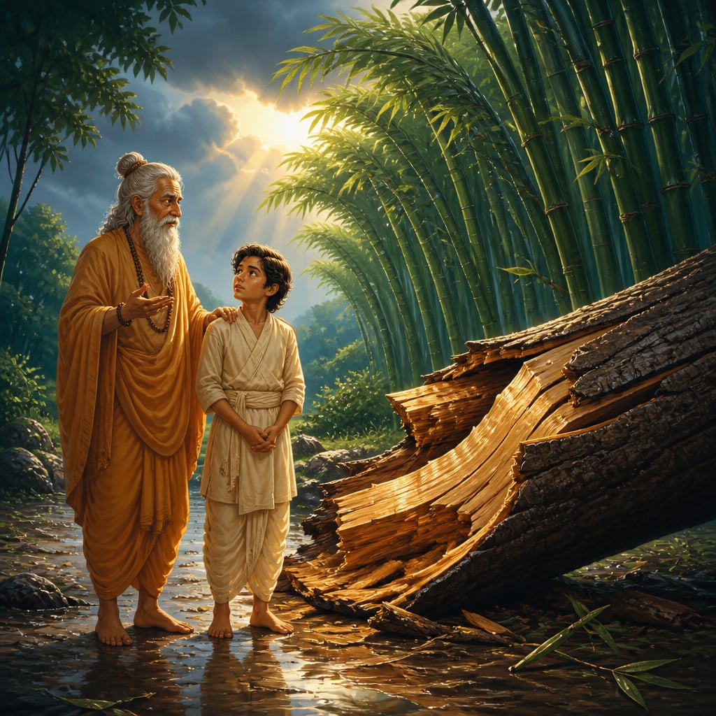 Teacher and student between a fallen oak and bending bamboo