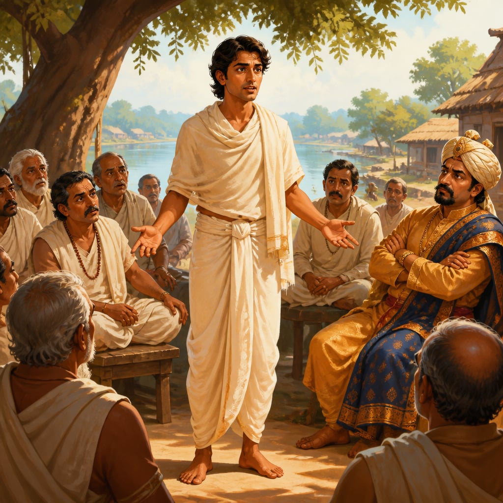 Young villager Devadatta standing in the village sabha