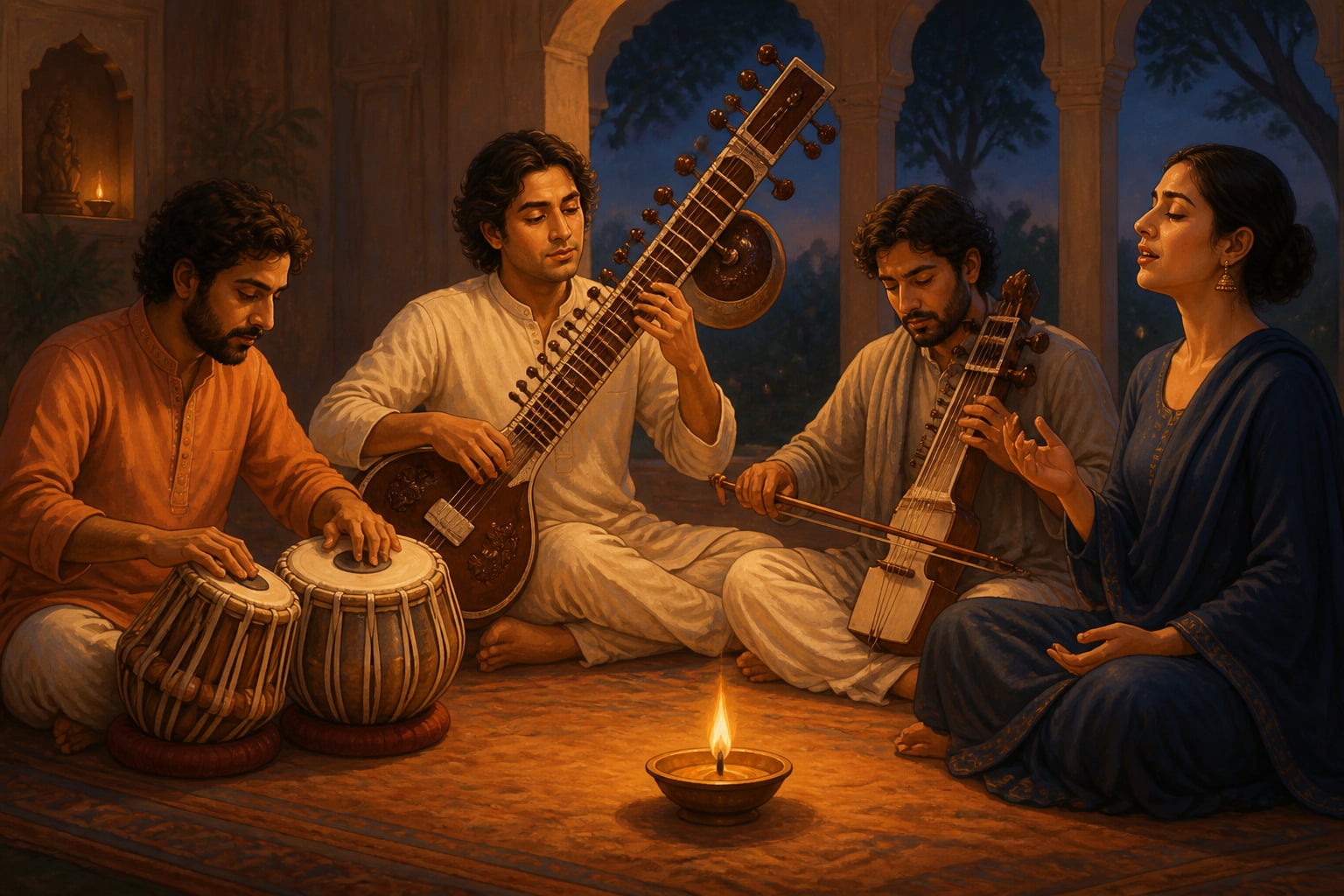 A small Indian classical ensemble harmonizing distinct voices