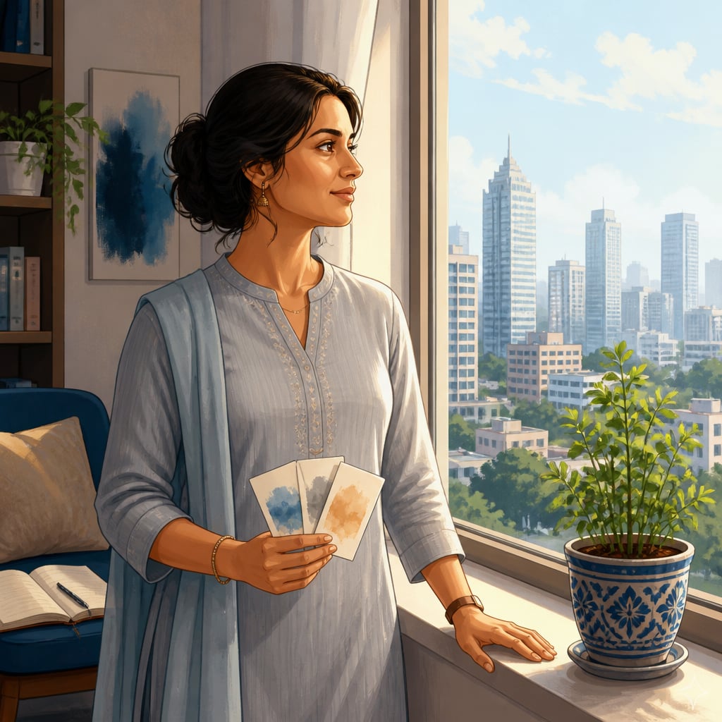 Indian professional at her Bengaluru apartment window