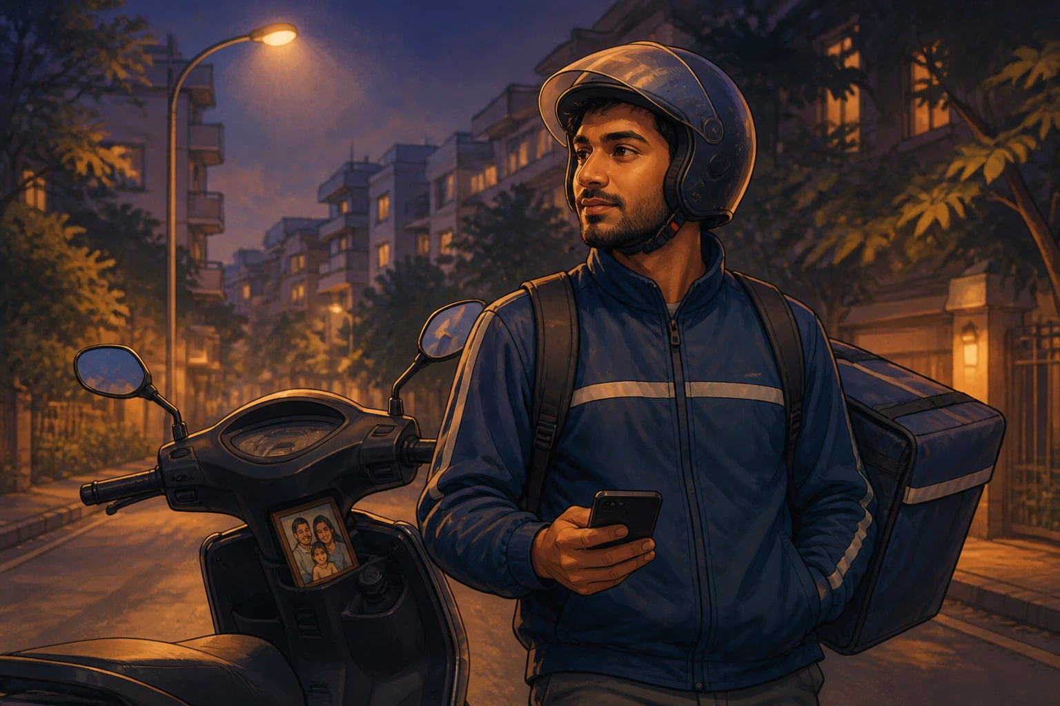 A delivery rider beside his scooter at evening