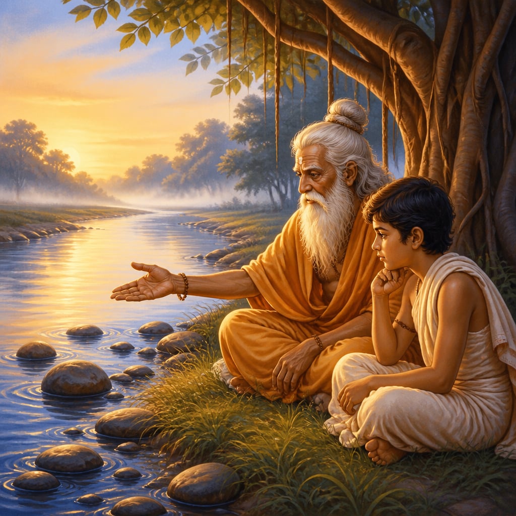An old rishi smiling at a young student beside the Saraswati at dawn