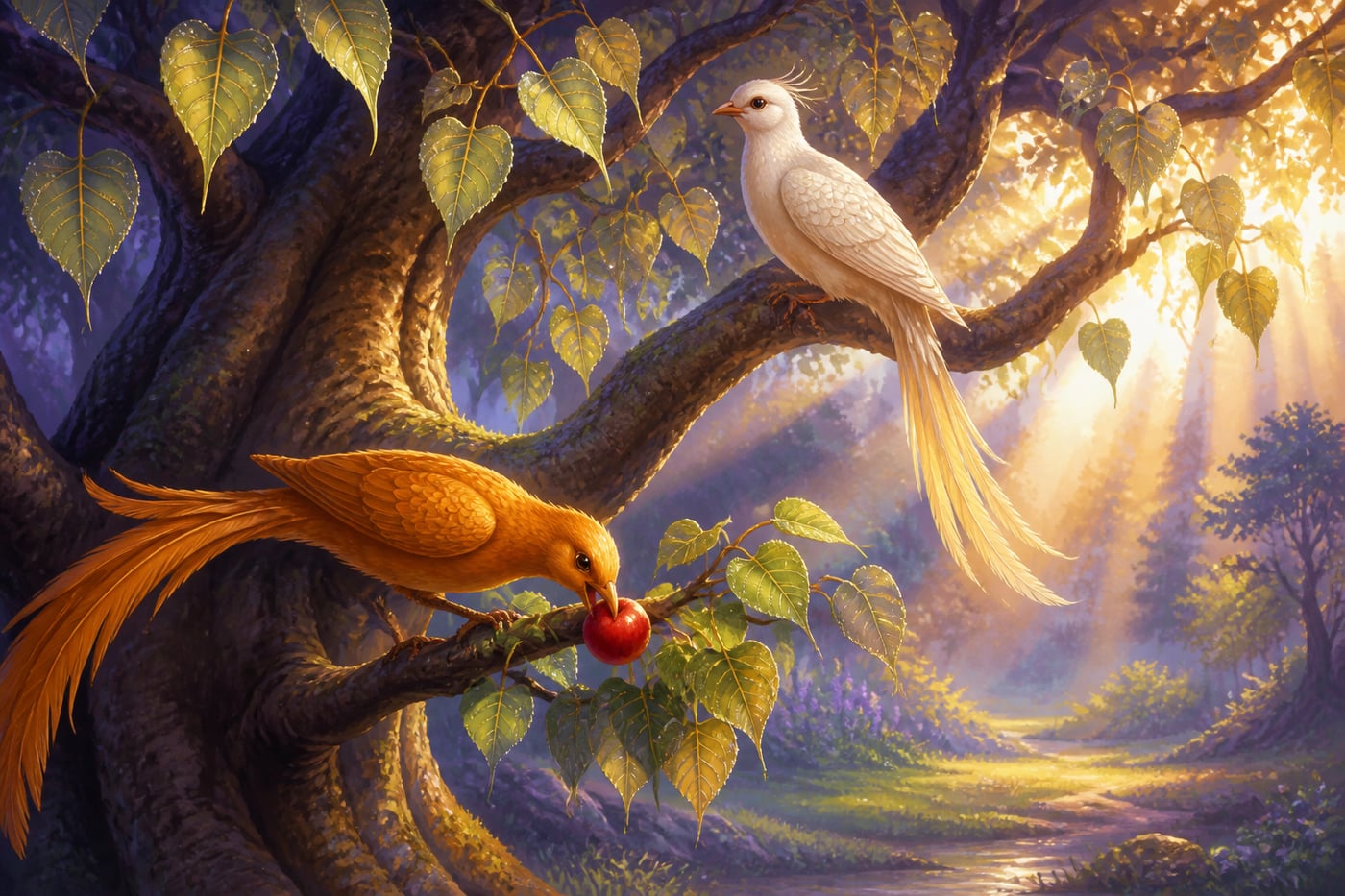 Two birds on a pippala tree