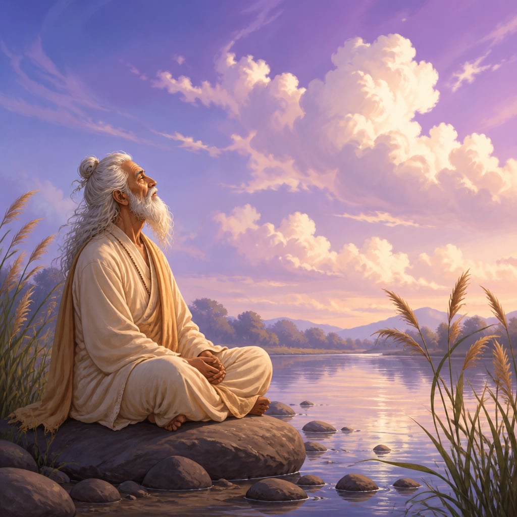 A rishi seated on a river stone watching clouds drift at dawn