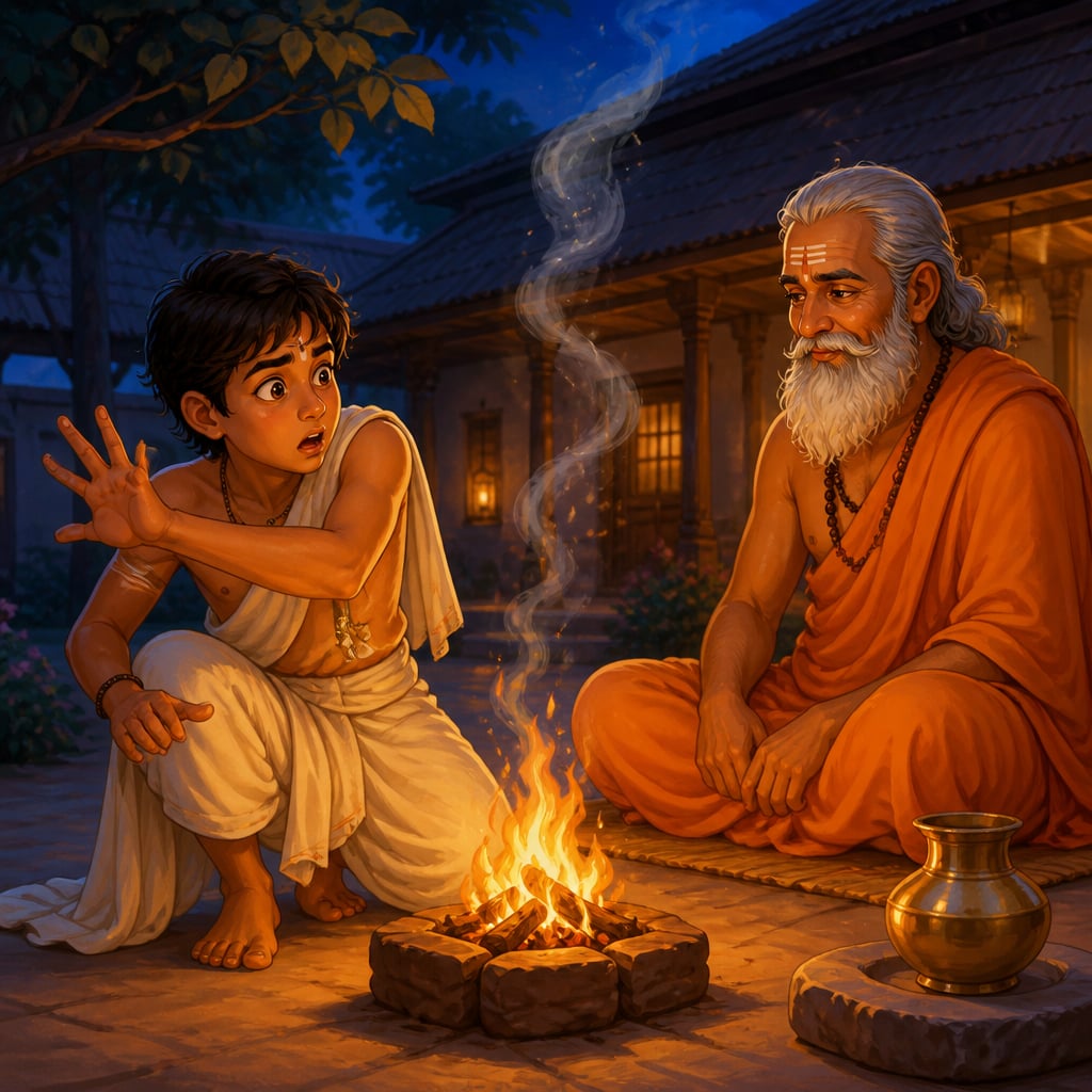 A young student lowering his eyes before his teacher beside the dawn fire