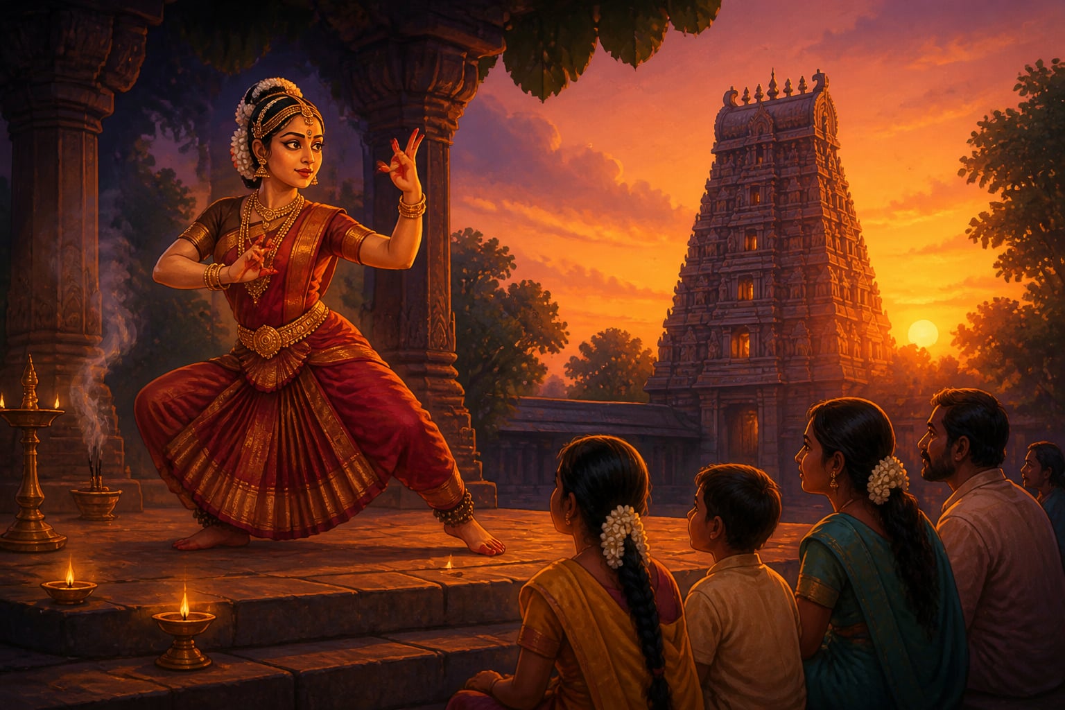 A classical dancer expressing rasa at sunset