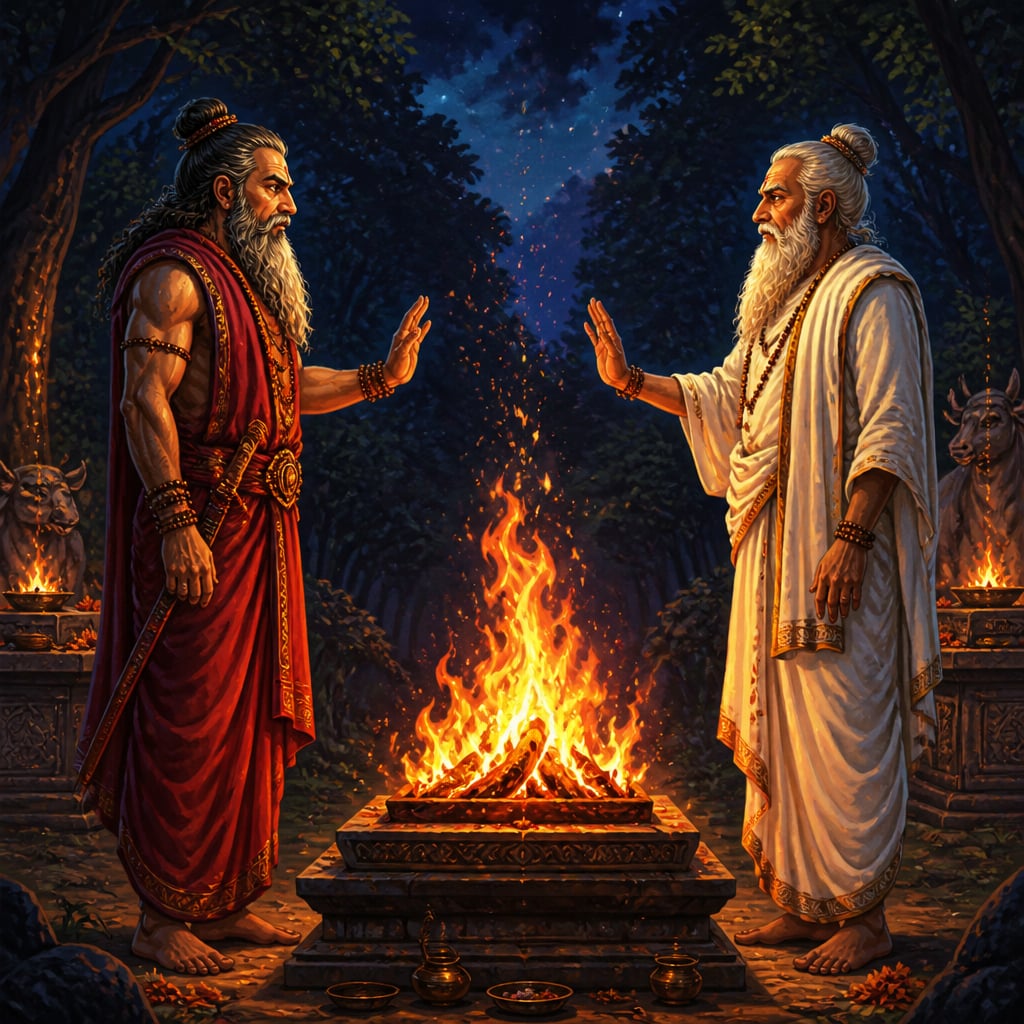 Vishvamitra and Vasishtha facing each other across a ritual fire