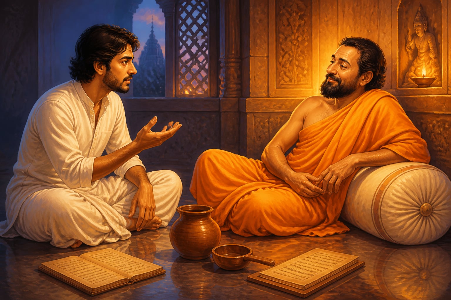 Young Narendranath questioning Ramakrishna at Dakshineswar