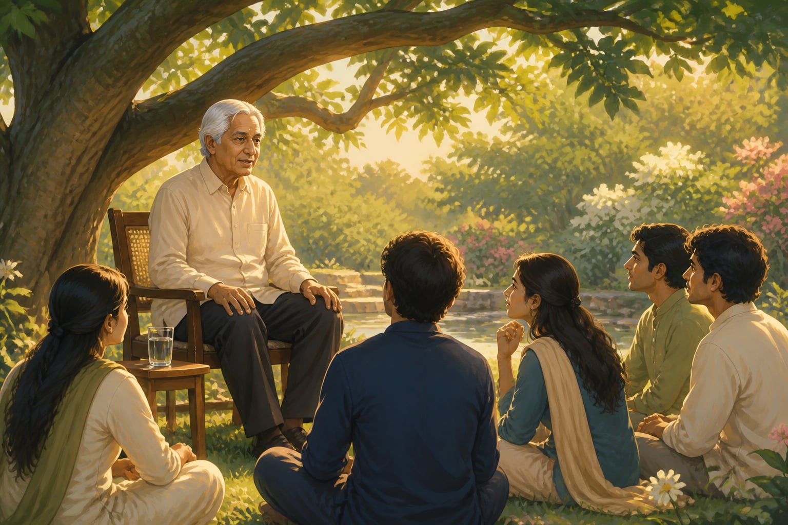 A philosopher speaking informally beneath a wide tree