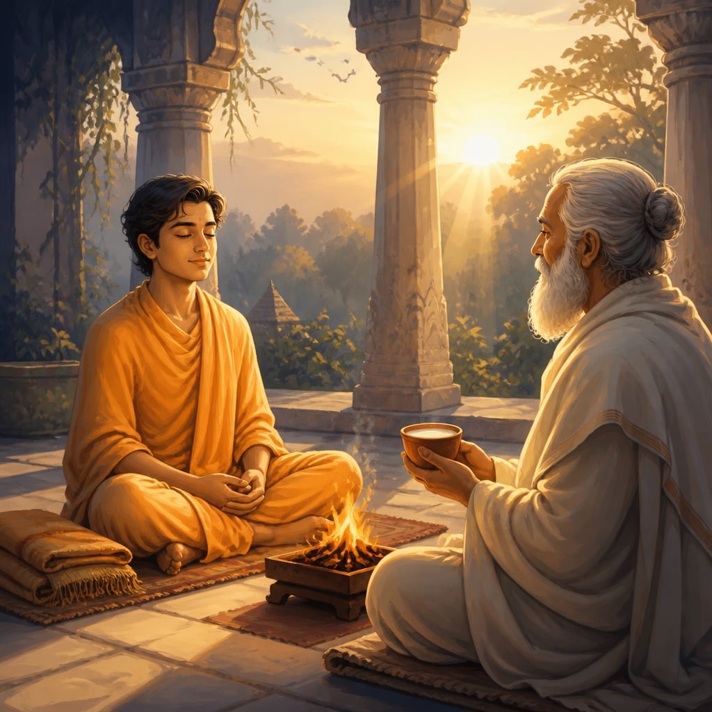 A young student seated opposite a steady morning fire in quiet recognition