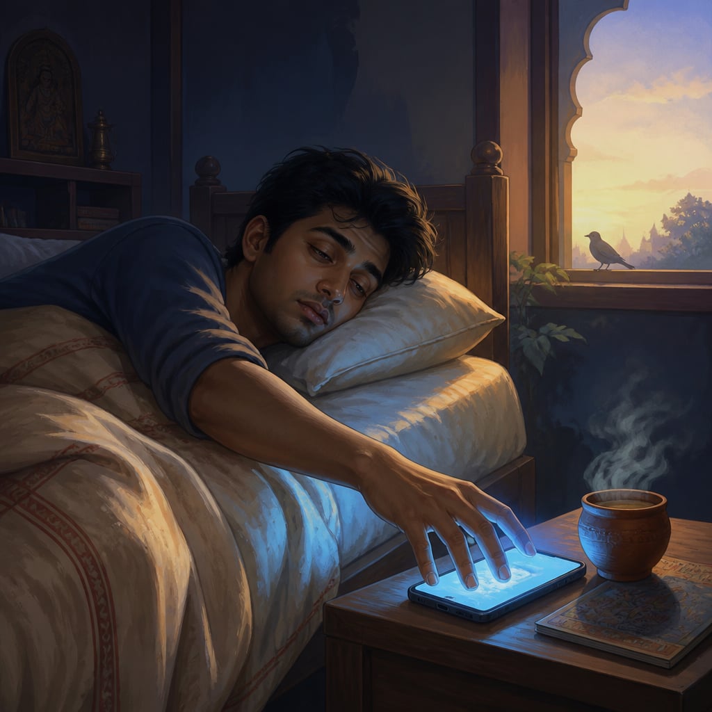 A modern young Indian adult reaching for a phone at dawn from bed