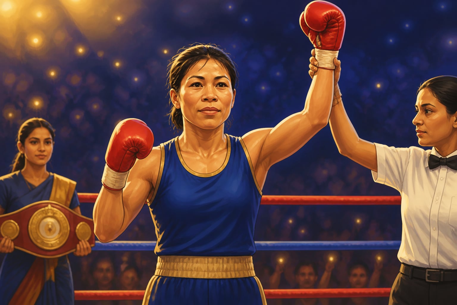 Mary Kom raising her gloved fist after a championship bout