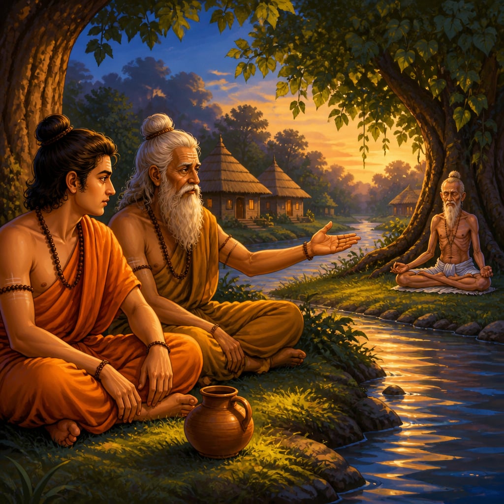 Young Rishi and old teacher at the Saraswati at dusk