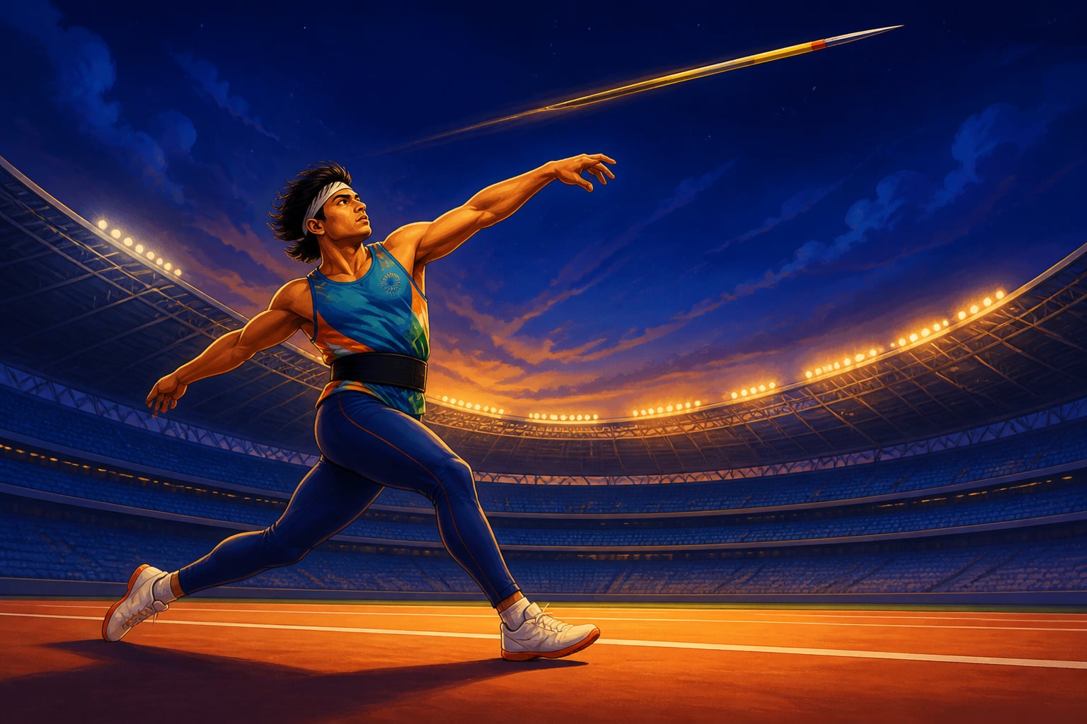 Neeraj Chopra mid-release in Tokyo's Olympic stadium