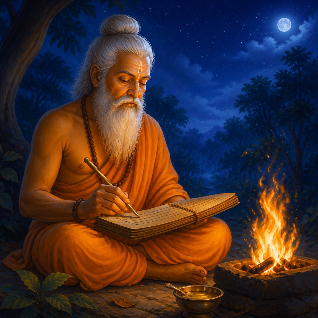 Rishi Vasishtha composing a hymn by firelight