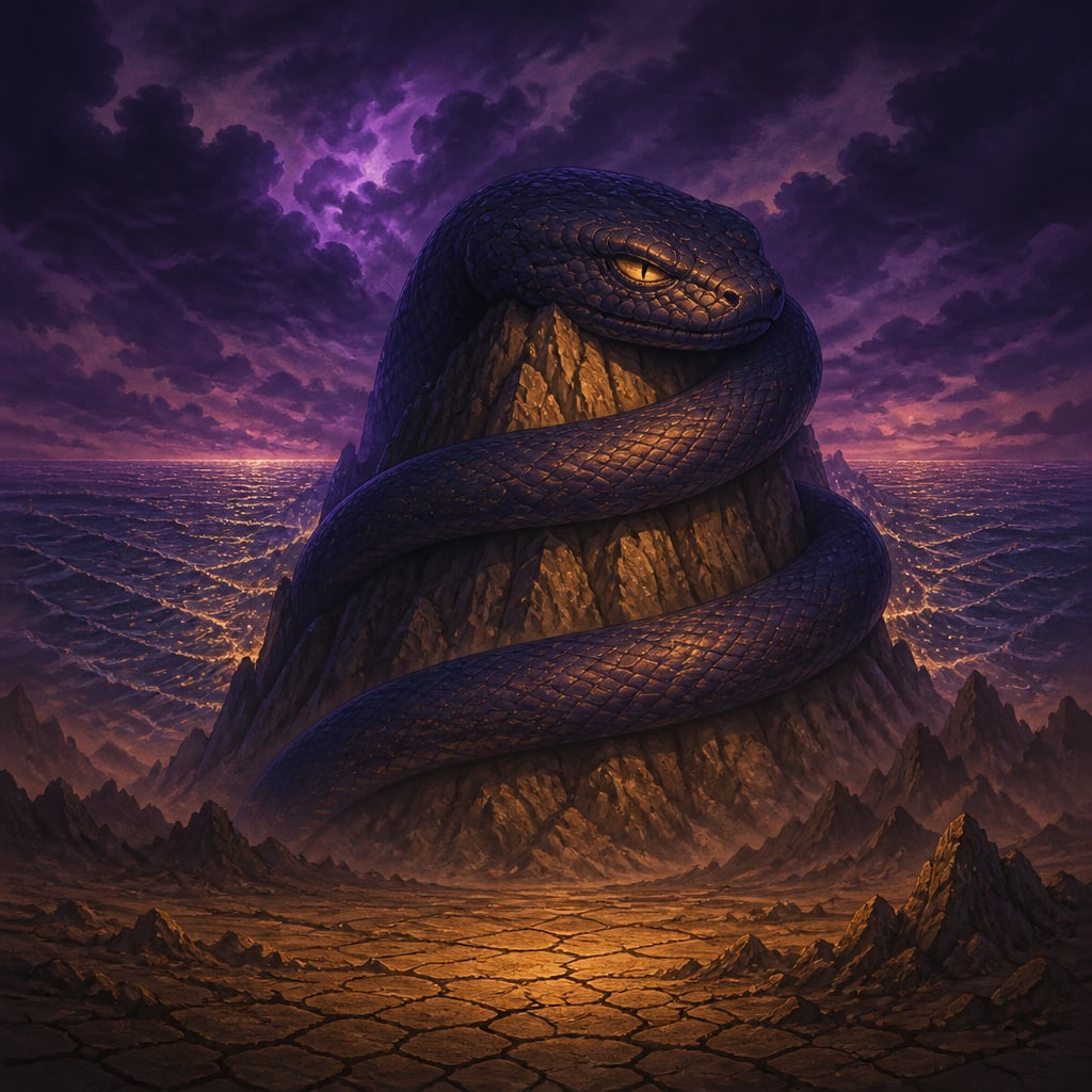 The serpent Vritra coiled around a mountain peak