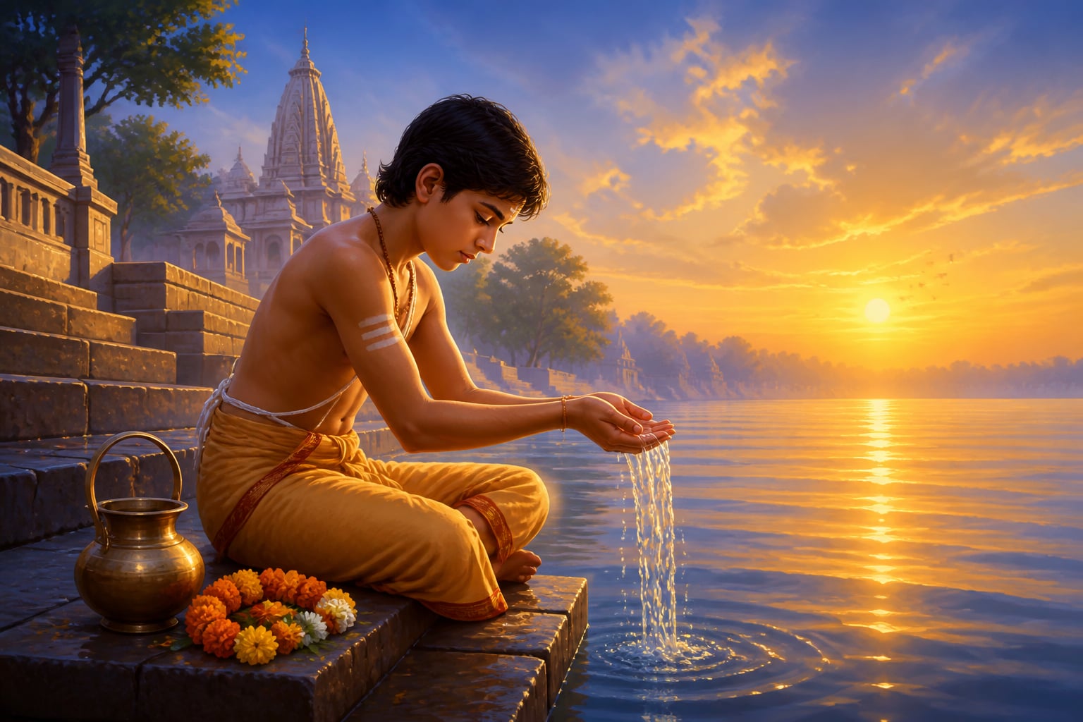 A devotee performing sandhya vandana at a riverside ghat at dawn