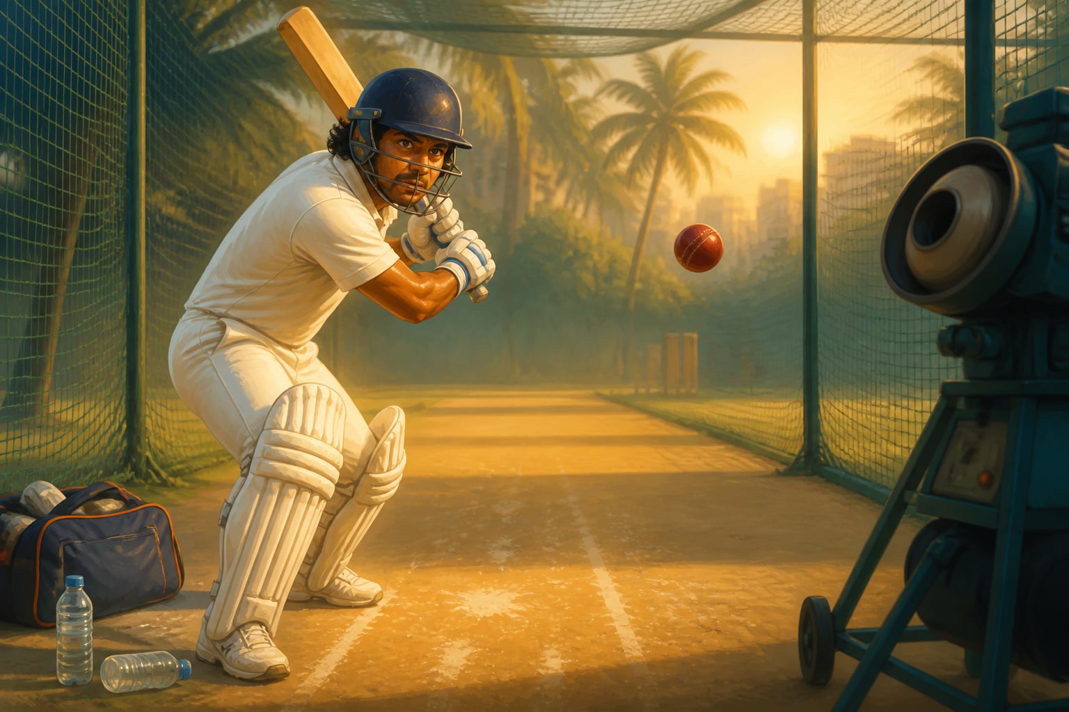 Sachin Tendulkar at the practice nets facing the bowling machine