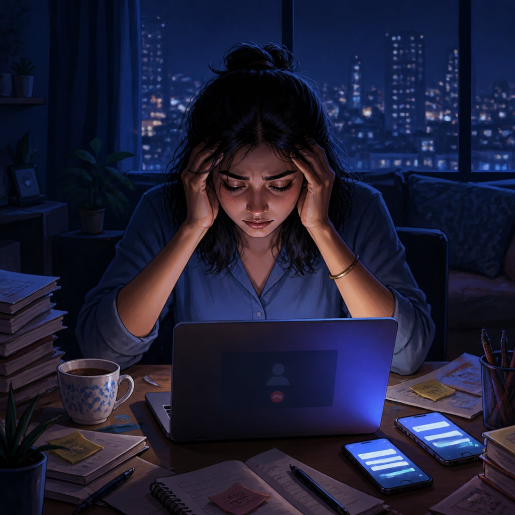 Young professional burnt out at her desk at night