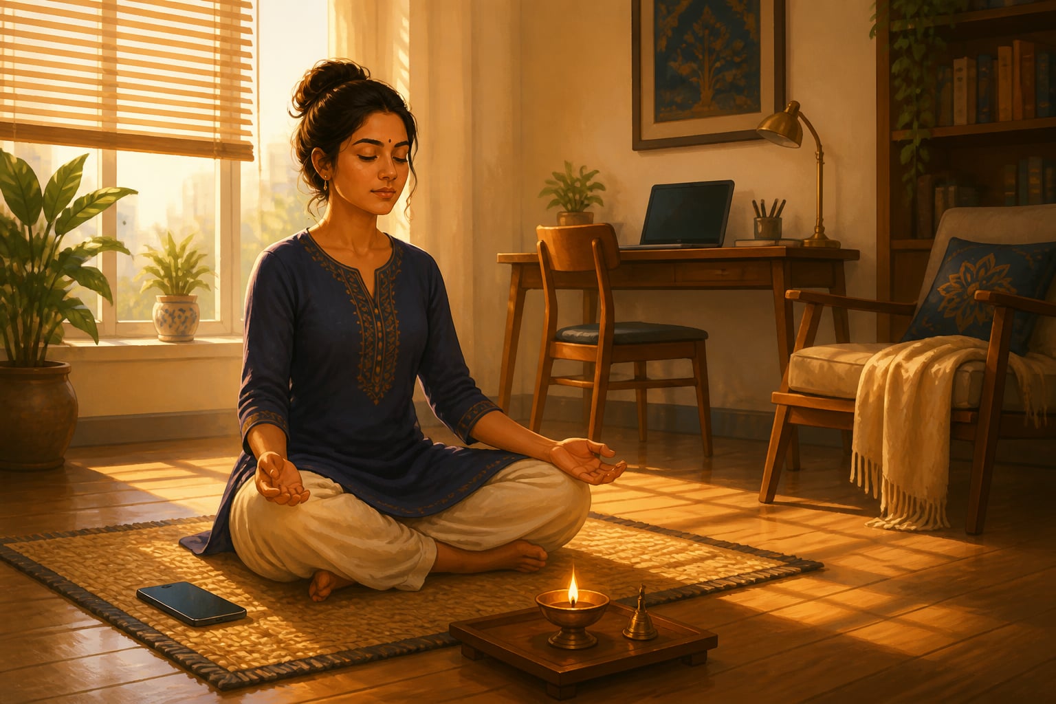A young woman beginning a short morning sādhana practice